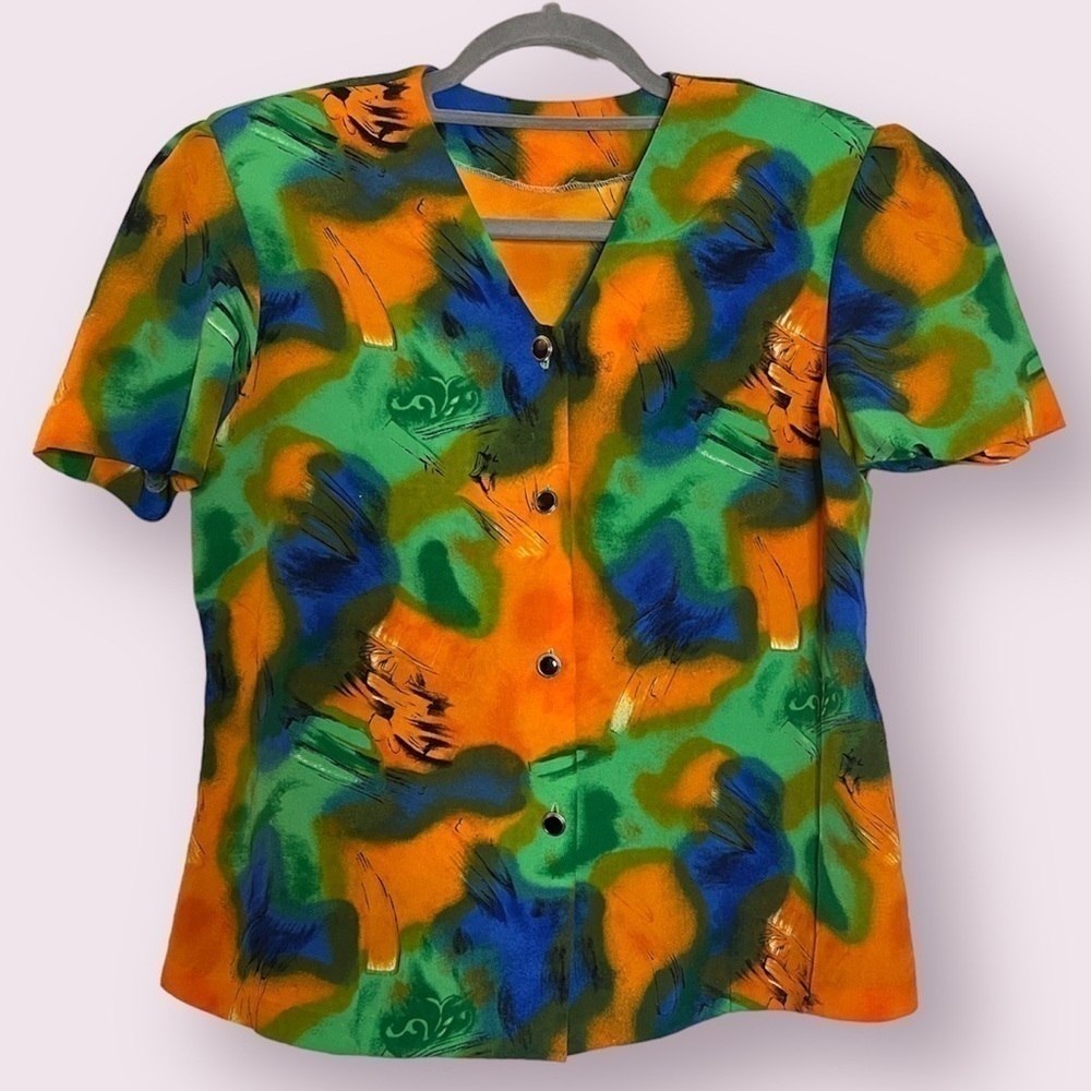 Vintage Orange Blue Green Button Blouse XL